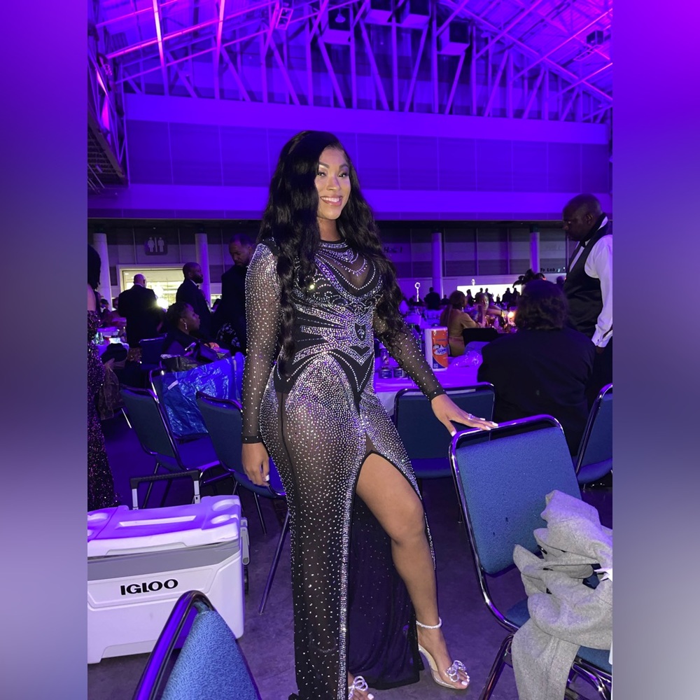 Black Mesh Sequin Embellished Formal Gown